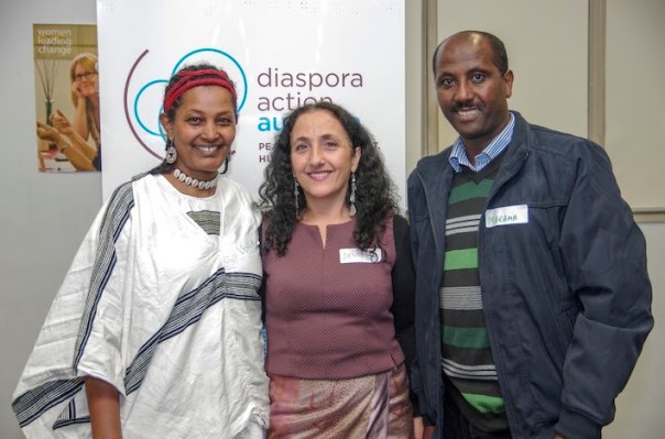 Lensa Dinka, DAA Director Denise Cauchi and Marama Kufi from Oromia Support Group Australia at the DAA Friends Event.
