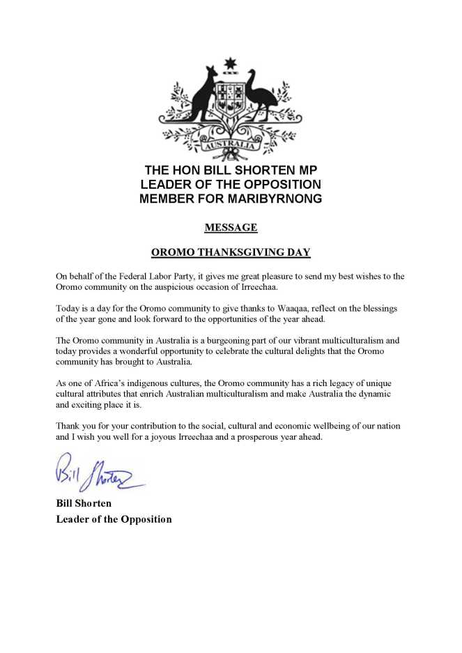 151001 MESSAGE FROM BILL SHORTEN - OROMO THANKSGIVING DAY
