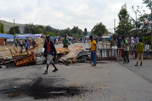 Protesters block a road in Wolenkomi. Photograph: William Davison
