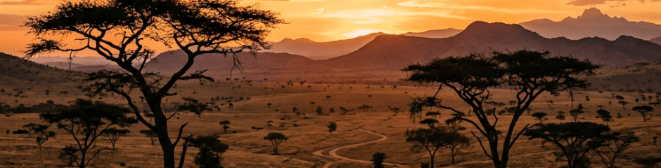 Sunset over African savanna with acacia trees and distant mountains