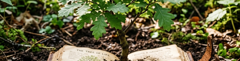 Young tree sprouting from an open book with visible roots and text about growth.