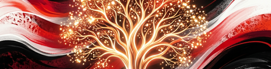 A glowing tree with bright branches and sparkling lights on a vibrant red, black, and white swirling background