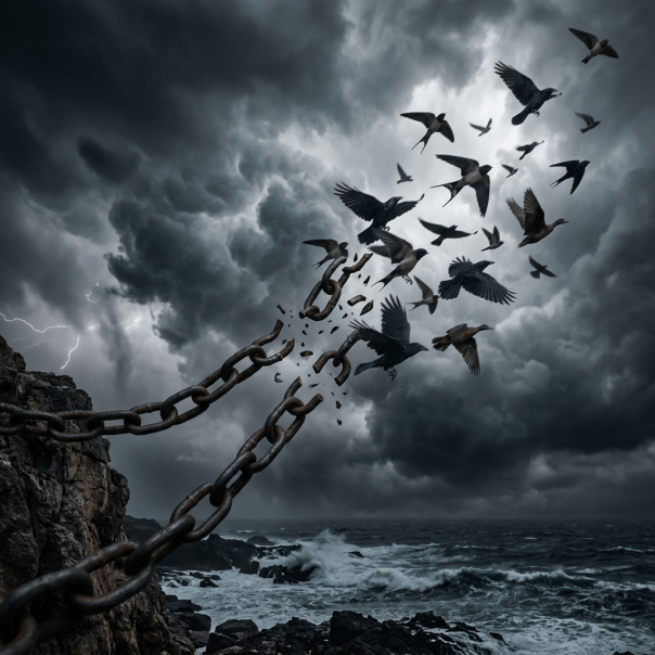 Rusty chain breaking apart as pieces turn into flying birds over stormy ocean waves