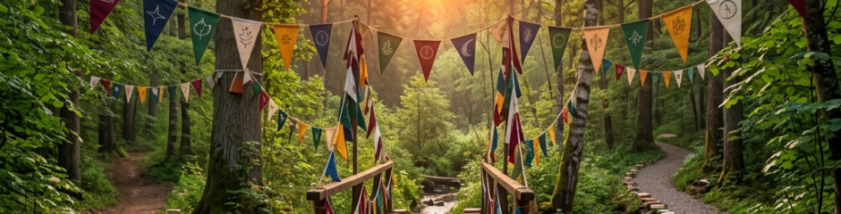 Wooden bridge in forest with colorful banners and paths lined with open books on both sides