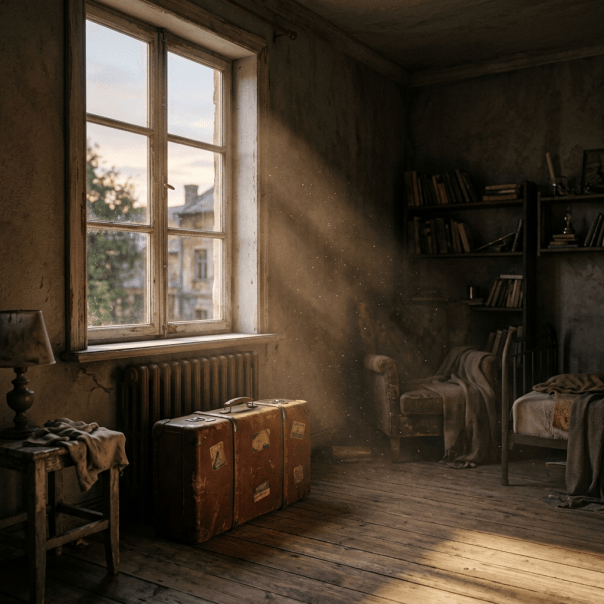 Sunlight shining through a window onto an old suitcase in a rustic room