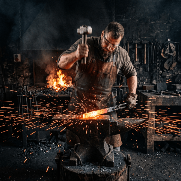Blacksmith hammering heated metal on an anvil with sparks flying