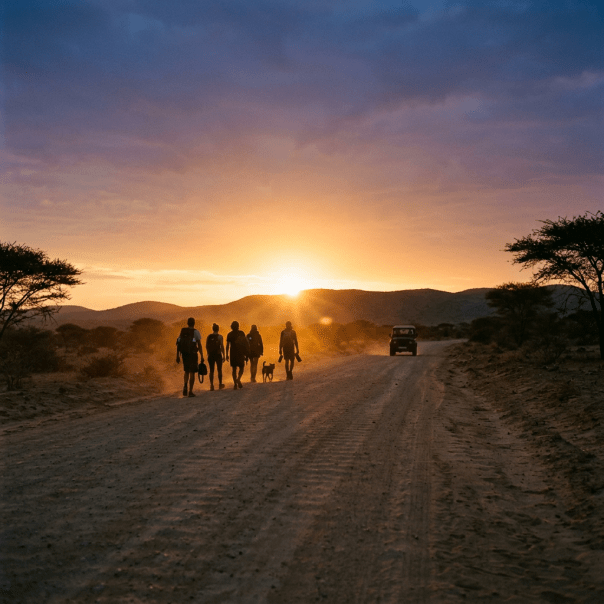 Five people and a dog walking on a dusty road at sunset with a vehicle behind them