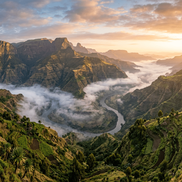 River winding Ethiopian highlands with morning mist