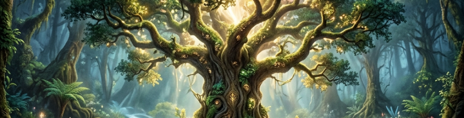 Glowing ancient tree with radiant light beams over a stream in a fantasy forest