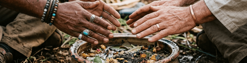 Two pairs of hands hovering above a rustic bowl filled with herbs and flowers outdoors