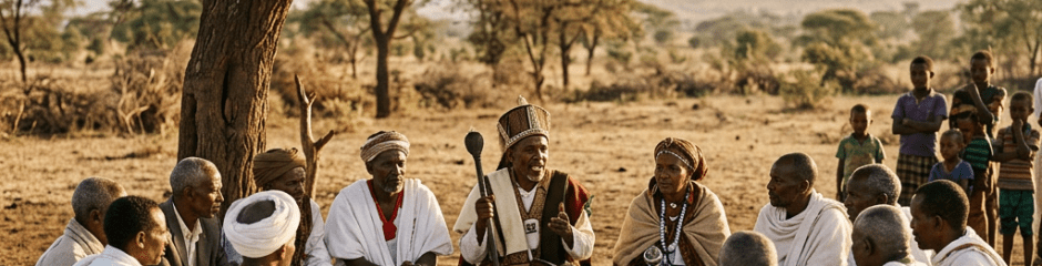 Group of elders in white traditional attire sitting in a circle under a tree, engaged in discussion
