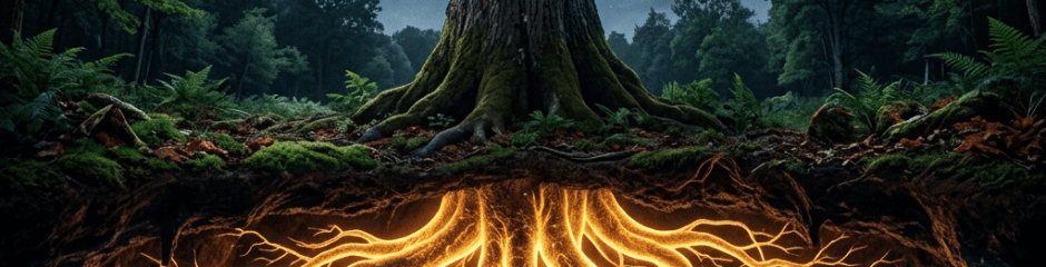 Large tree with luminous roots underground under a night sky with stars and crescent moon