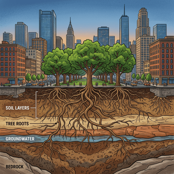 Cross-section of urban trees with roots extending through soil layers, groundwater, and bedrock beneath city buildings
